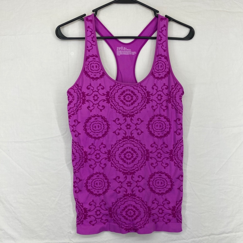 Zella Womens Large Magenta Purple Damask Medallion Racerback Tank Top Sorbtek